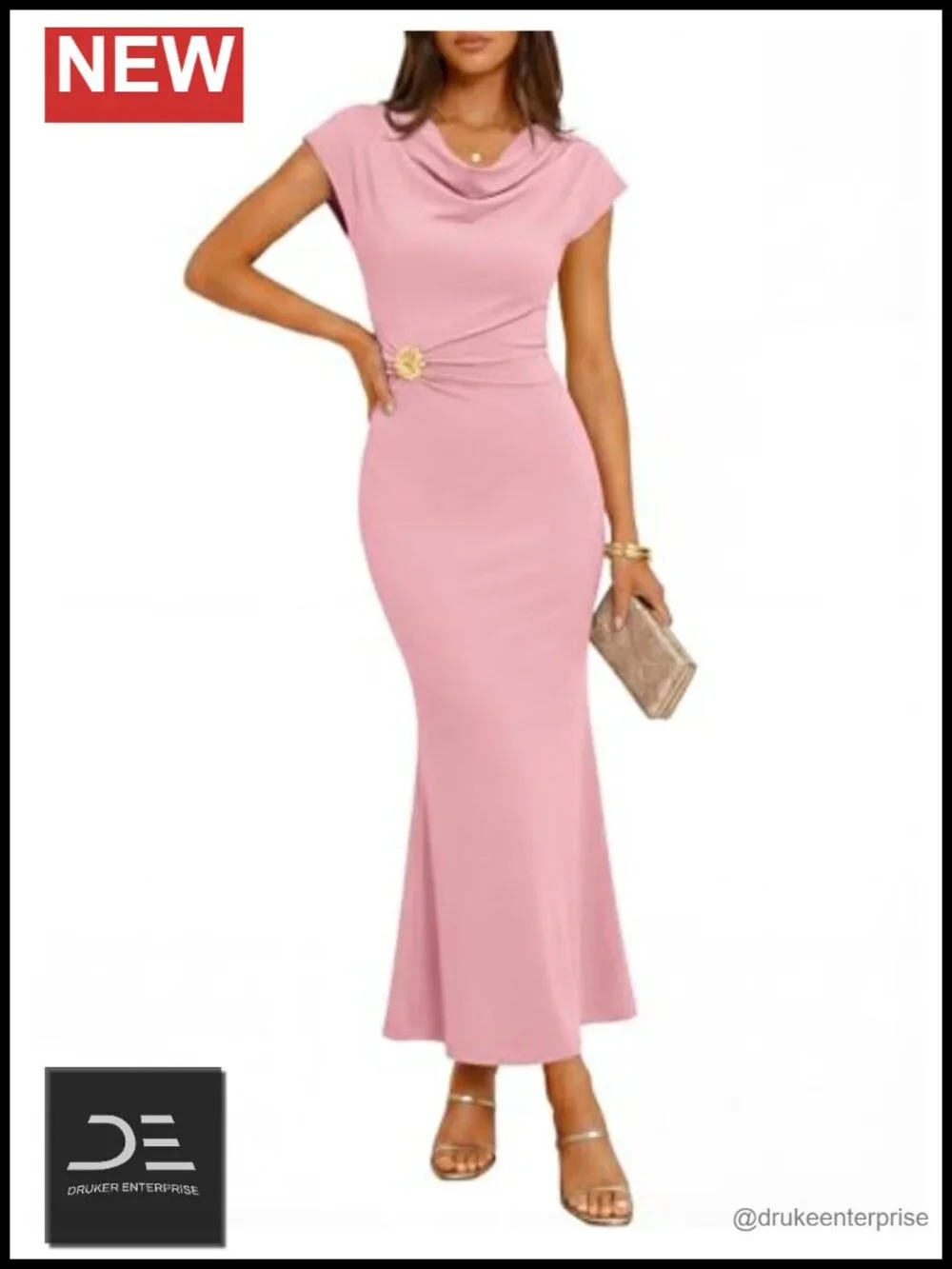 Cowl Neck Cap Sleeve Ruched Bodycon Midi Dress - Elegant Wedding Guest Cocktail